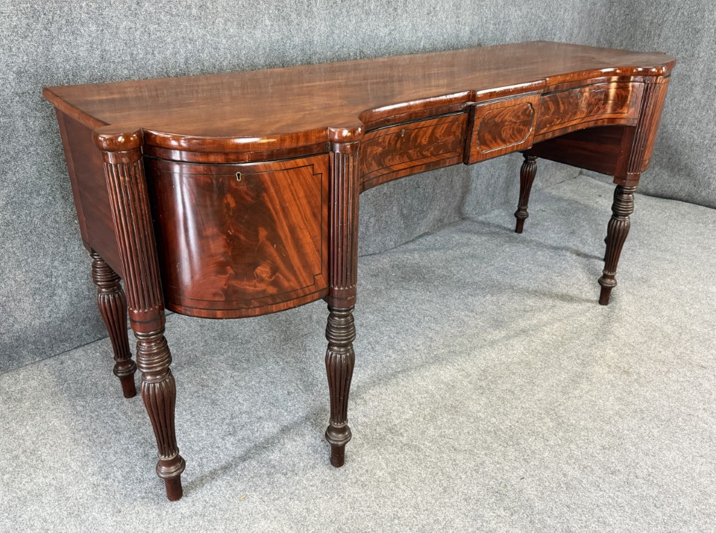Monumental 18th Century Flamed Mahogany Sheraton Style Sideboard Monumental 18th Century Flamed Mahogany Sheraton Style Sideboard