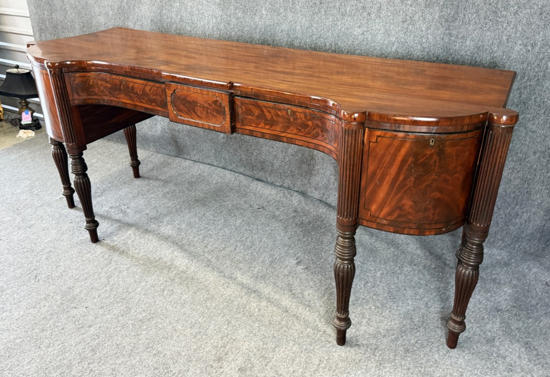 Monumental 18th Century Flamed Mahogany Sheraton Style Sideboard Monumental 18th Century Flamed Mahogany Sheraton Style Sideboard