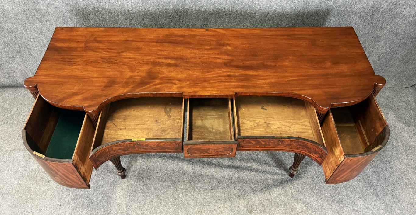 Monumental 18th Century Flamed Mahogany Sheraton Style Sideboard Monumental 18th Century Flamed Mahogany Sheraton Style Sideboard