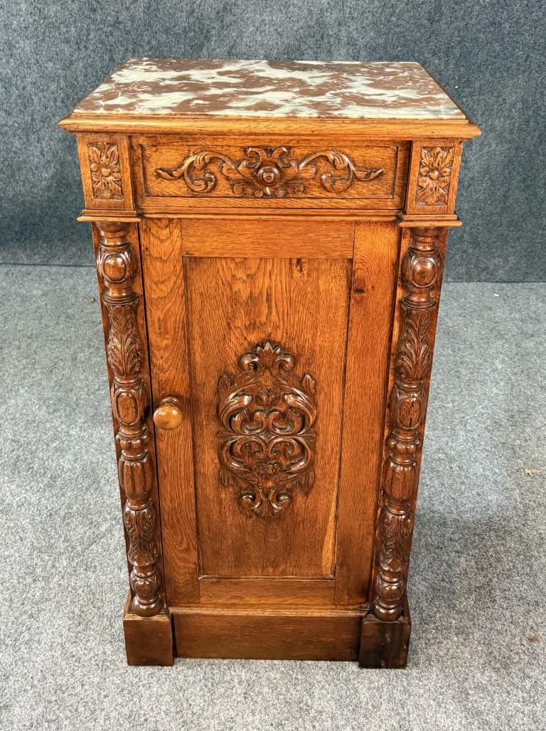 19th Century Heavily Carved Oak Petite Cabinet with Marble Top 19th Century Heavily Carved Oak Petite Cabinet with Marble Top