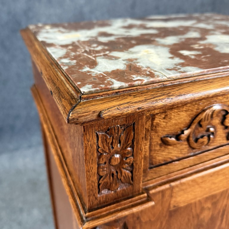 19th Century Heavily Carved Oak Petite Cabinet with Marble Top 19th Century Heavily Carved Oak Petite Cabinet with Marble Top