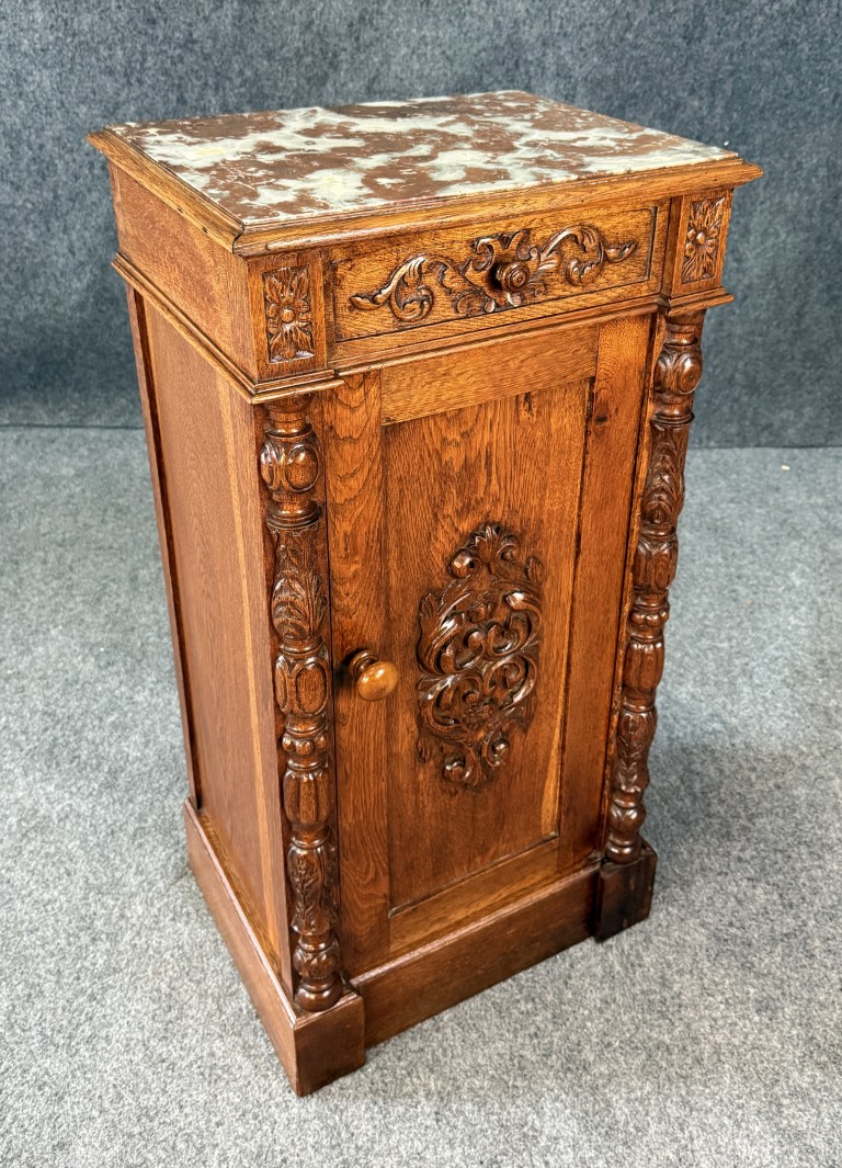 19th Century Heavily Carved Oak Petite Cabinet with Marble Top 19th Century Heavily Carved Oak Petite Cabinet with Marble Top