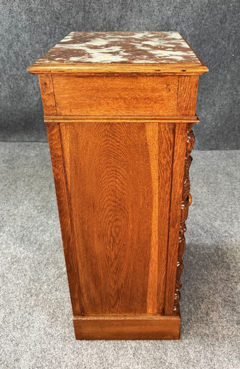 19th Century Heavily Carved Oak Petite Cabinet with Marble Top 19th Century Heavily Carved Oak Petite Cabinet with Marble Top