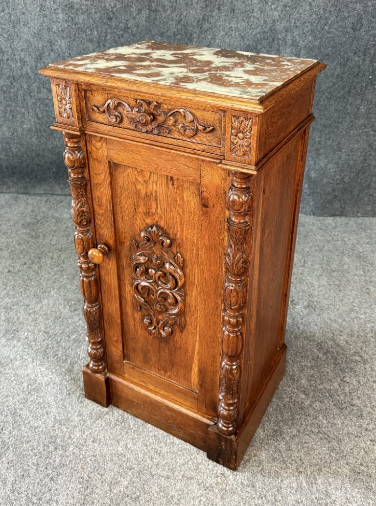 19th Century Heavily Carved Oak Petite Cabinet with Marble Top 19th Century Heavily Carved Oak Petite Cabinet with Marble Top