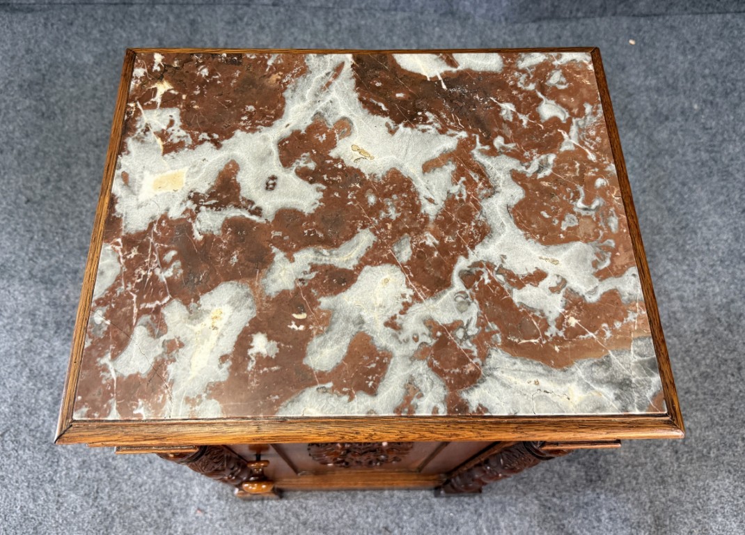 19th Century Heavily Carved Oak Petite Cabinet with Marble Top 19th Century Heavily Carved Oak Petite Cabinet with Marble Top