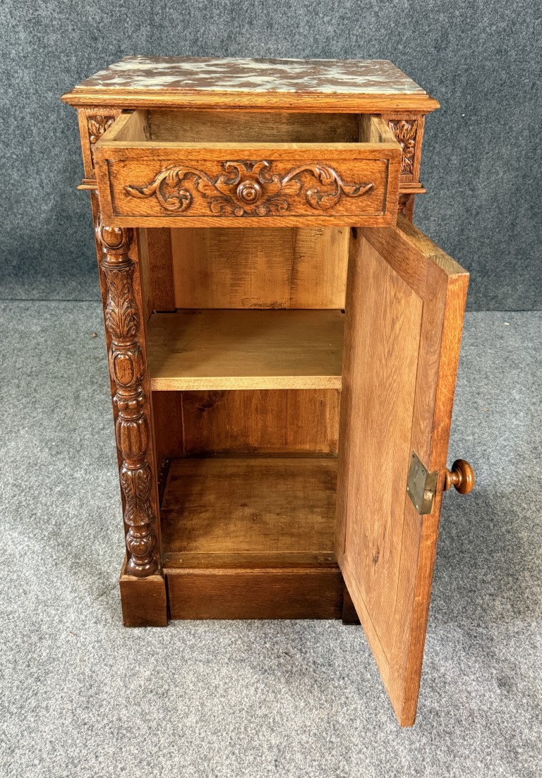 19th Century Heavily Carved Oak Petite Cabinet with Marble Top 19th Century Heavily Carved Oak Petite Cabinet with Marble Top