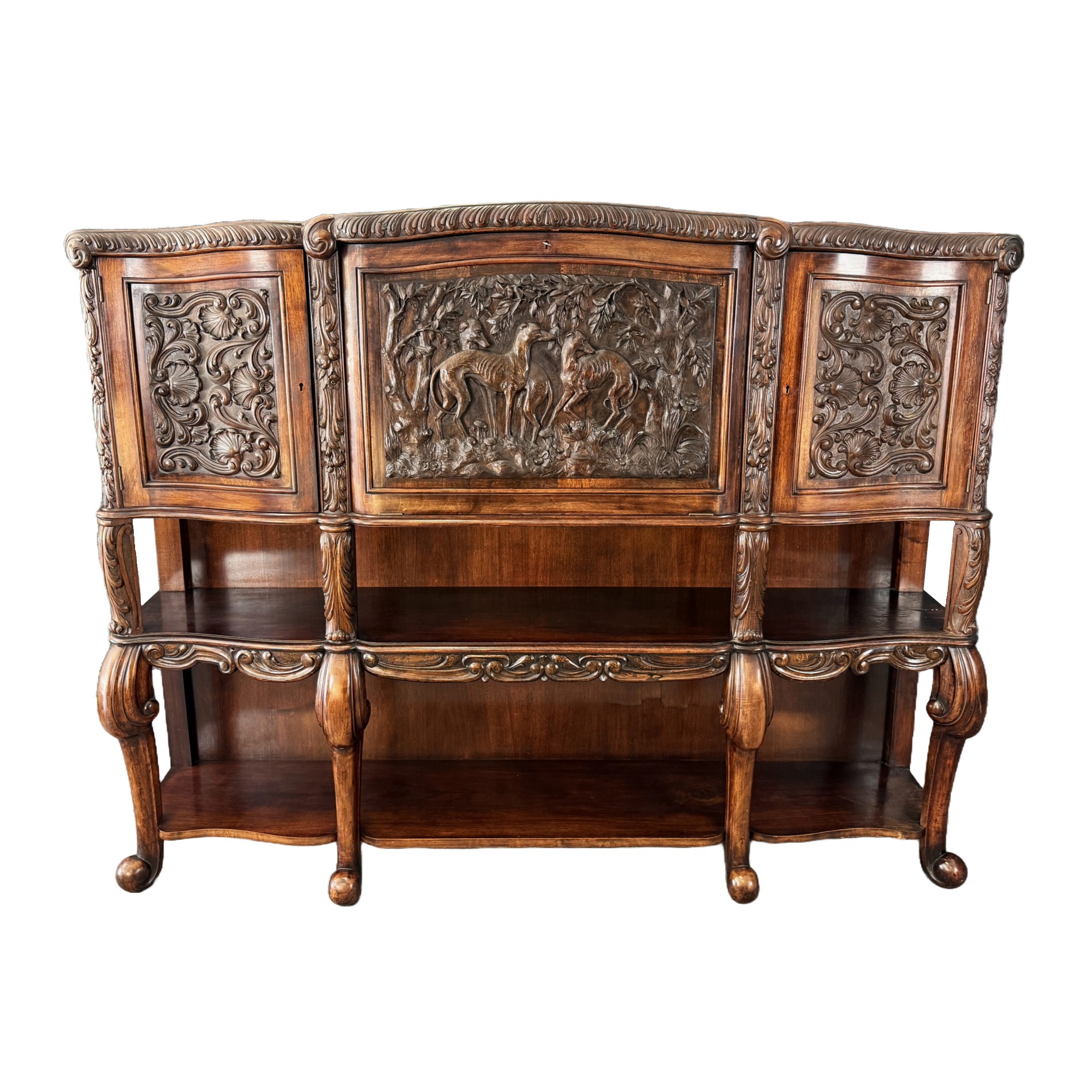 19th Century Heavily Carved Continental Drop-Front Bar with Greyhound Motif 19th Century Heavily Carved Continental Drop-Front Bar with Greyhound Motif