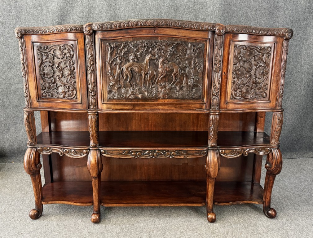 19th Century Heavily Carved Continental Drop-Front Bar with Greyhound Motif 19th Century Heavily Carved Continental Drop-Front Bar with Greyhound Motif