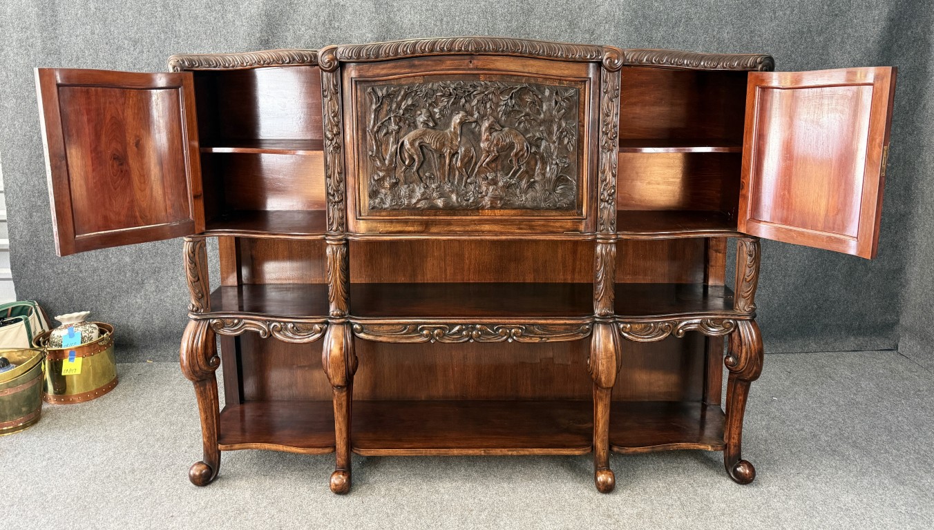 19th Century Heavily Carved Continental Drop-Front Bar with Greyhound Motif) 19th Century Heavily Carved Continental Drop-Front Bar with Greyhound Motif