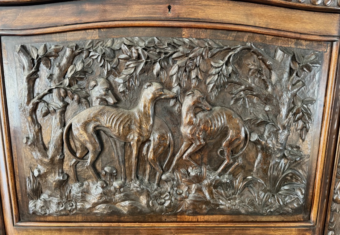 19th Century Heavily Carved Continental Drop-Front Bar with Greyhound Motif 19th Century Heavily Carved Continental Drop-Front Bar with Greyhound Motif
