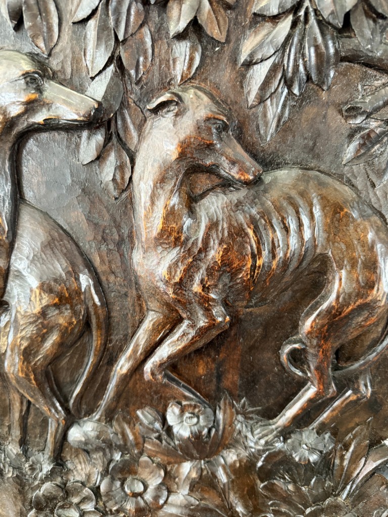 19th Century Heavily Carved Continental Drop-Front Bar with Greyhound Motif 19th Century Heavily Carved Continental Drop-Front Bar with Greyhound Motif