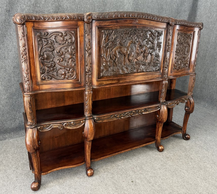 19th Century Heavily Carved Continental Drop-Front Bar with Greyhound Motif 19th Century Heavily Carved Continental Drop-Front Bar with Greyhound Motif