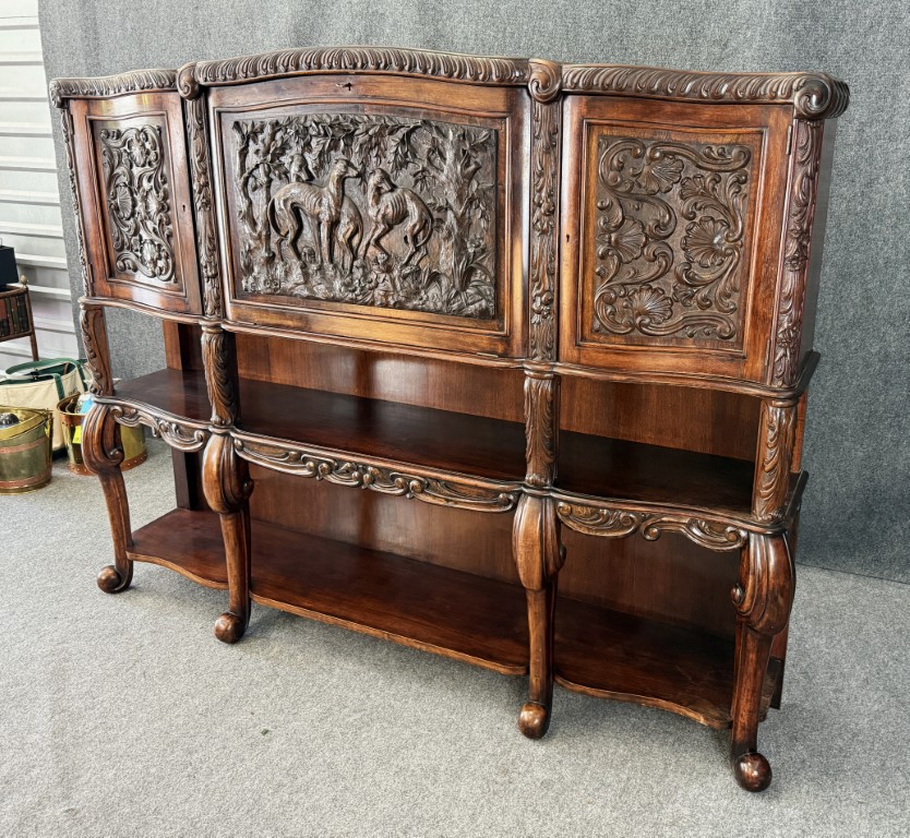 19th Century Heavily Carved Continental Drop-Front Bar with Greyhound Motif 19th Century Heavily Carved Continental Drop-Front Bar with Greyhound Motif