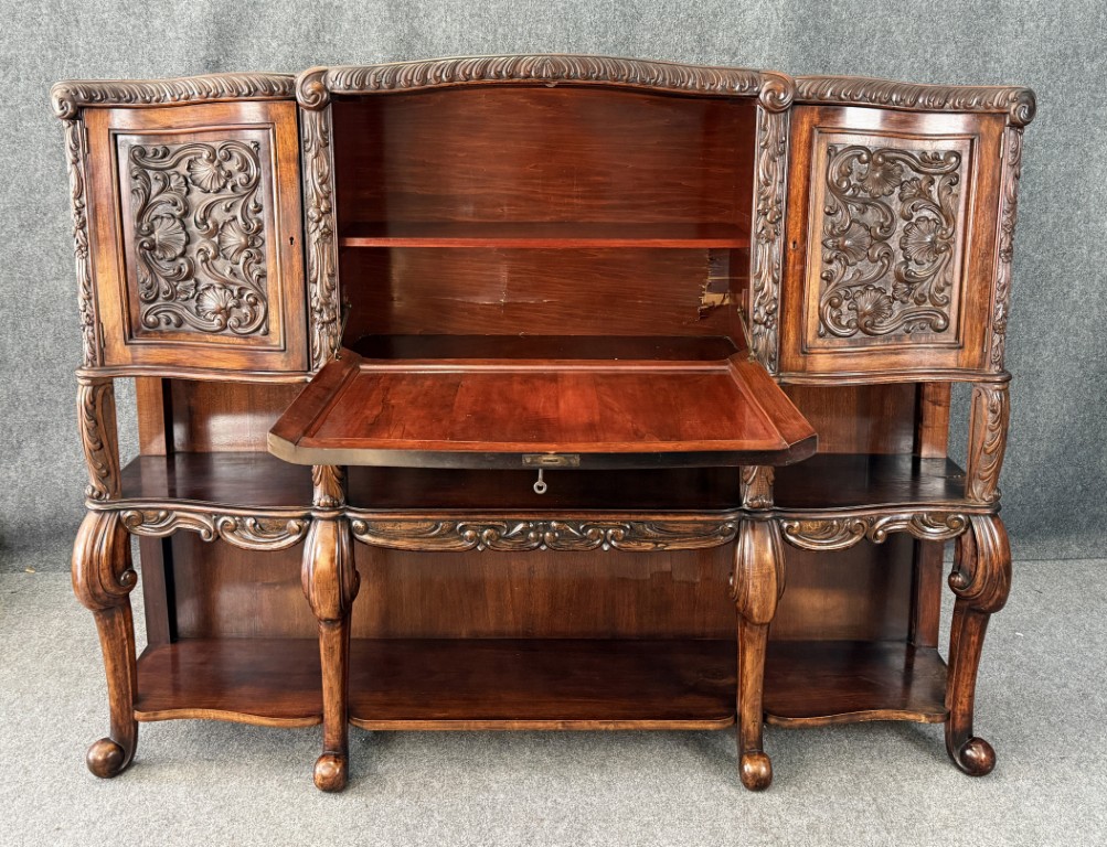 19th Century Heavily Carved Continental Drop-Front Bar with Greyhound Motif 19th Century Heavily Carved Continental Drop-Front Bar with Greyhound Motif