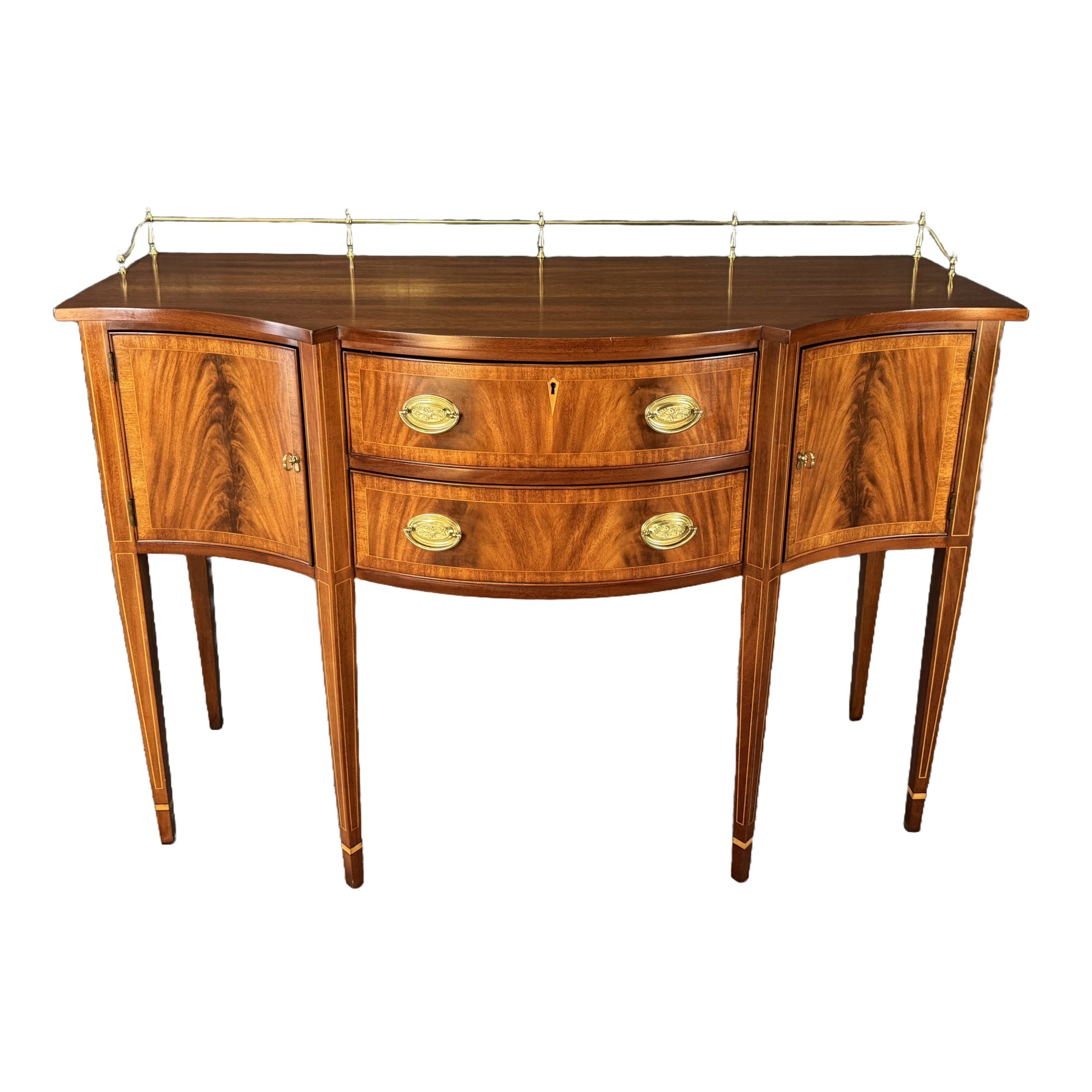 Henkel Harris Flamed Mahogany Sideboard with Brass Gallery No. 2356 Henkel Harris Flamed Mahogany Sideboard with Brass Gallery No. 2356