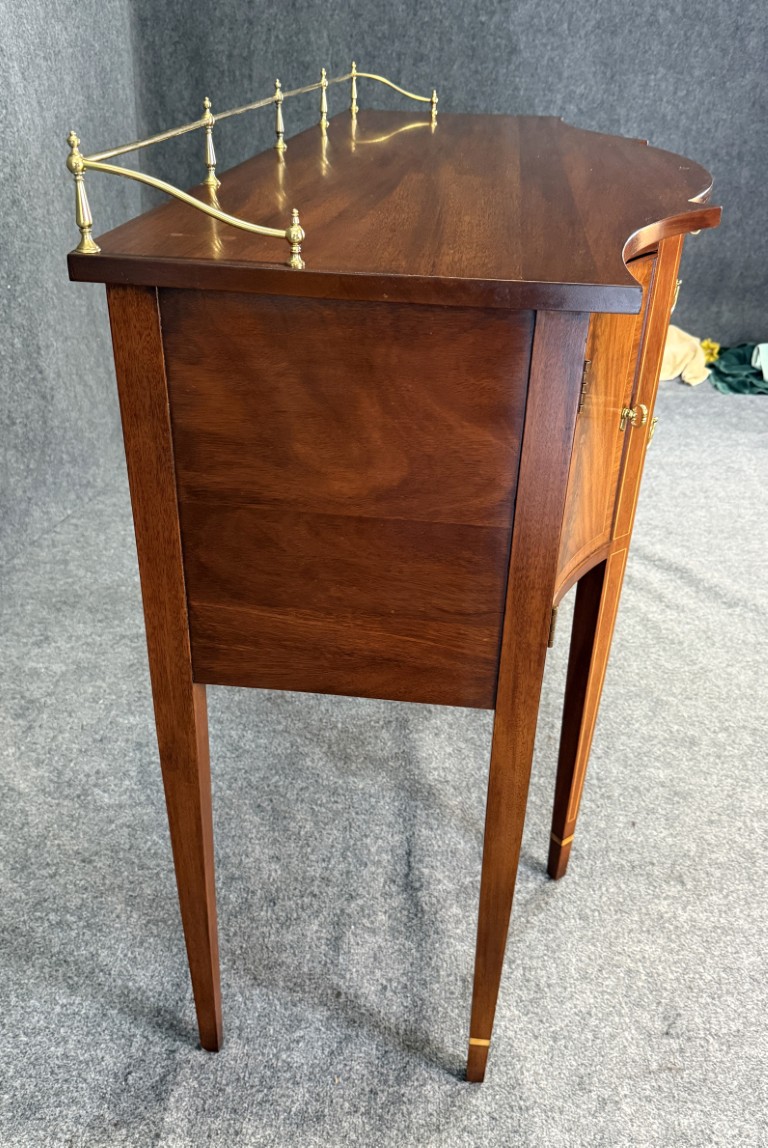 Henkel Harris Flamed Mahogany Sideboard with Brass Gallery No. 2356 Henkel Harris Flamed Mahogany Sideboard with Brass Gallery No. 2356