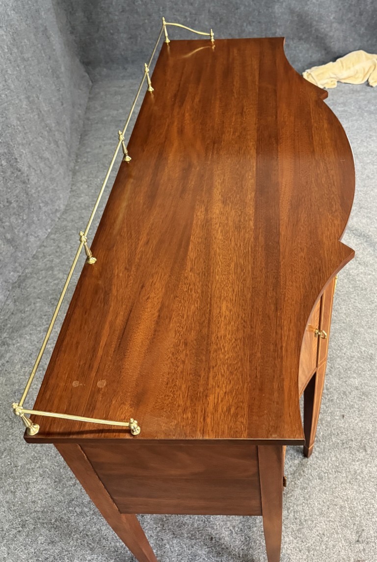 Henkel Harris Flamed Mahogany Sideboard with Brass Gallery No. 2356 Henkel Harris Flamed Mahogany Sideboard with Brass Gallery No. 2356