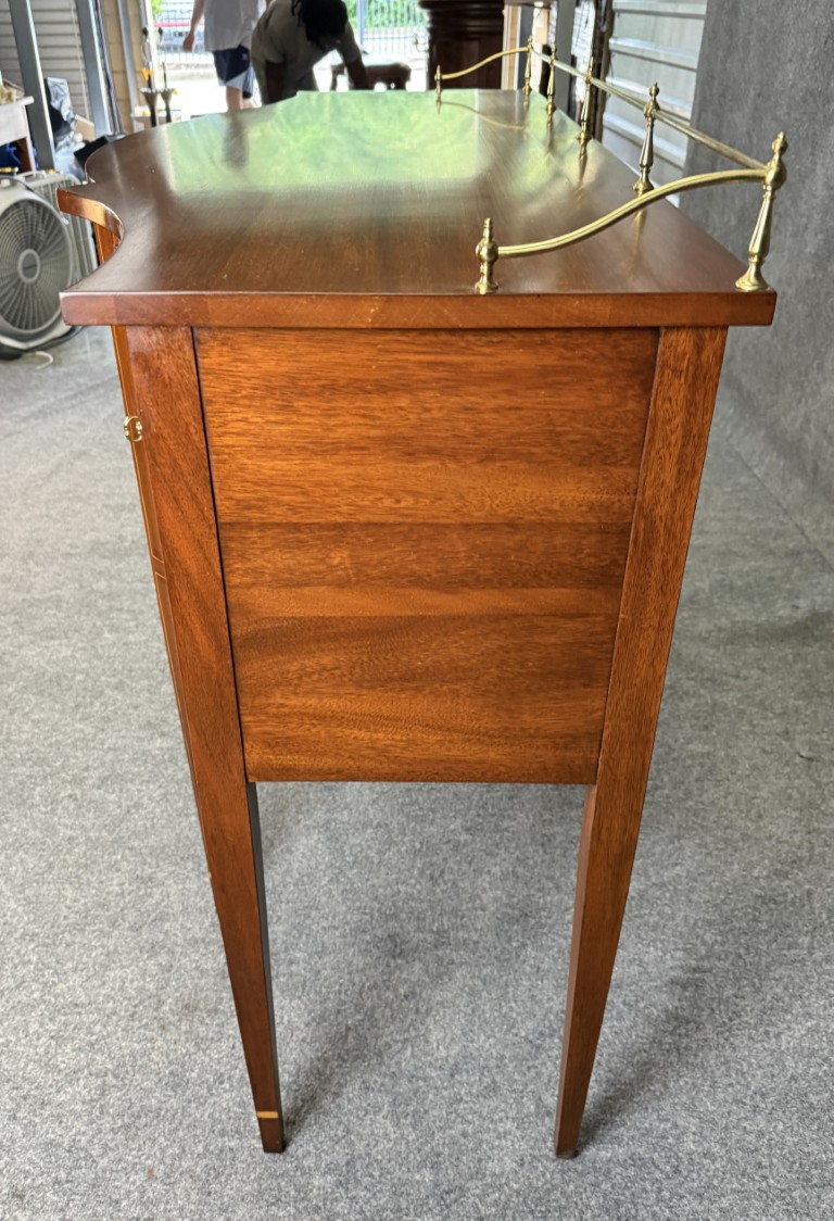 Henkel Harris Flamed Mahogany Sideboard with Brass Gallery No. 2356 Henkel Harris Flamed Mahogany Sideboard with Brass Gallery No. 2356
