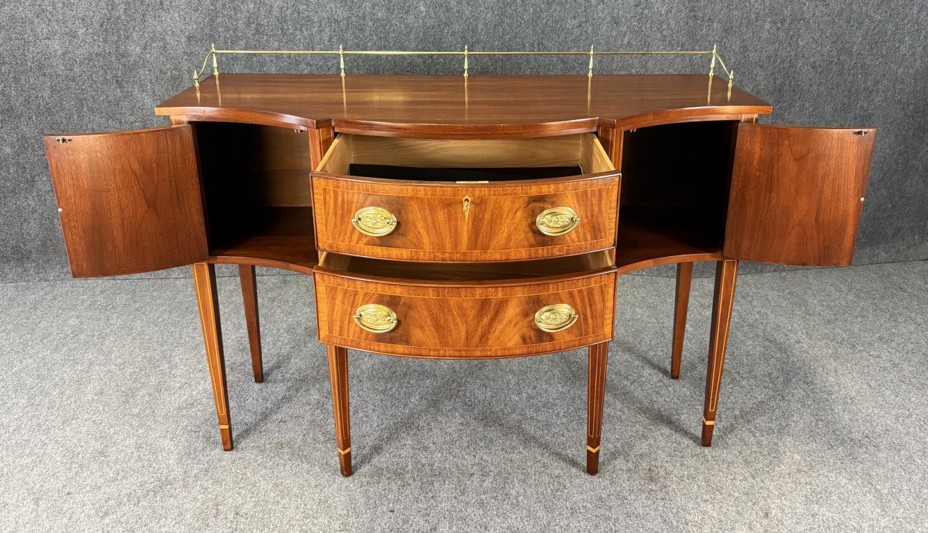 Henkel Harris Flamed Mahogany Sideboard with Brass Gallery No. 2356 Henkel Harris Flamed Mahogany Sideboard with Brass Gallery No. 2356