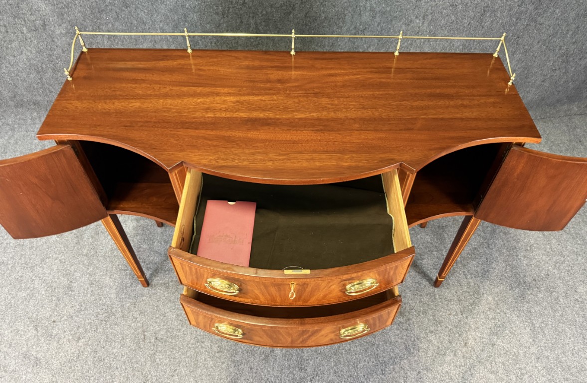 Henkel Harris Flamed Mahogany Sideboard with Brass Gallery No. 2356 Henkel Harris Flamed Mahogany Sideboard with Brass Gallery No. 2356