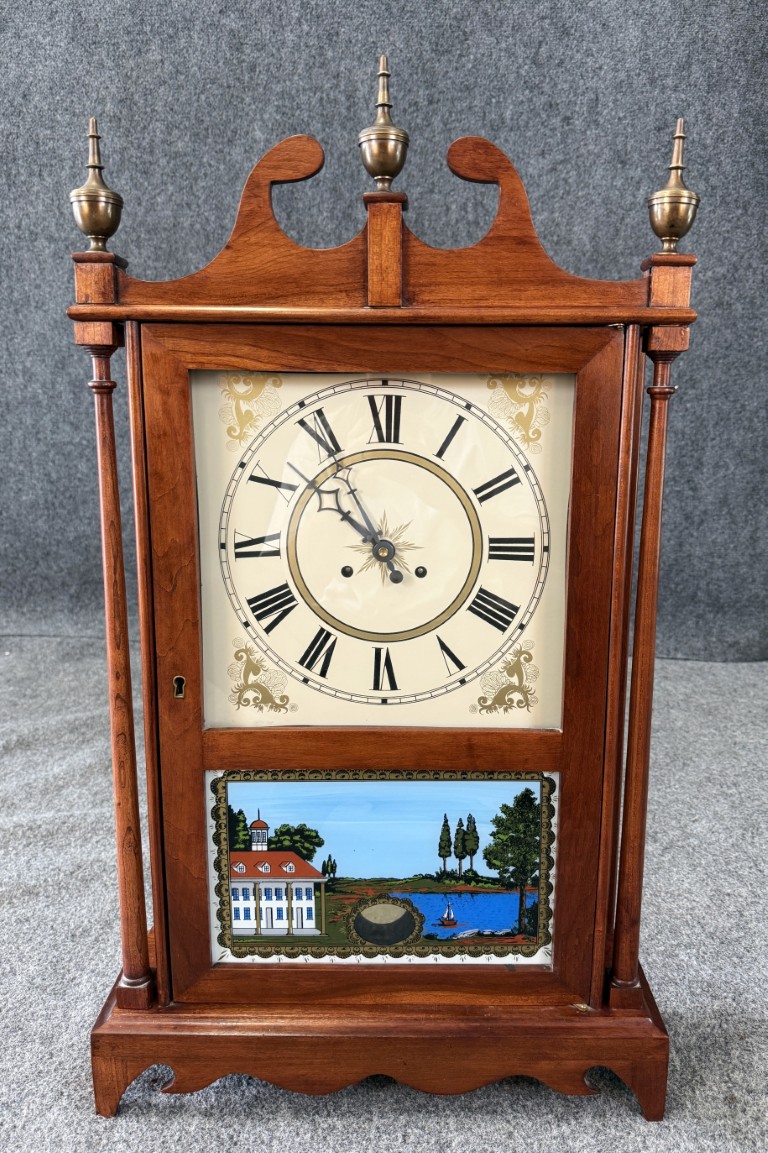 Early 1900s Eli Terry Jr. Functional Mantel Clock with Plantation Scene Early 1900s Eli Terry Jr. Functional Mantel Clock with Plantation Scene