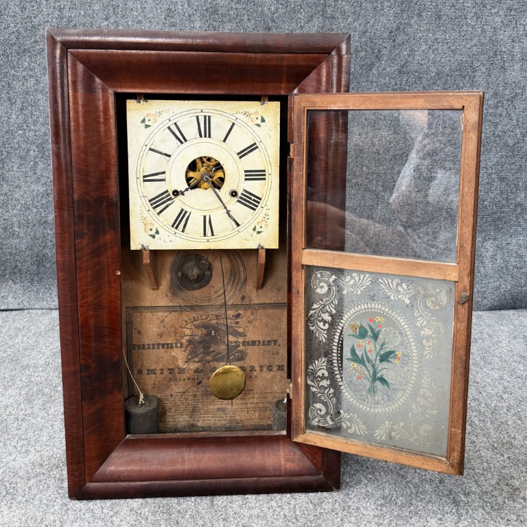 Early 1900s Smith & Goodrich Functional Mantel Clock with Painted Florals Early 1900s Smith & Goodrich Functional Mantel Clock with Painted Florals