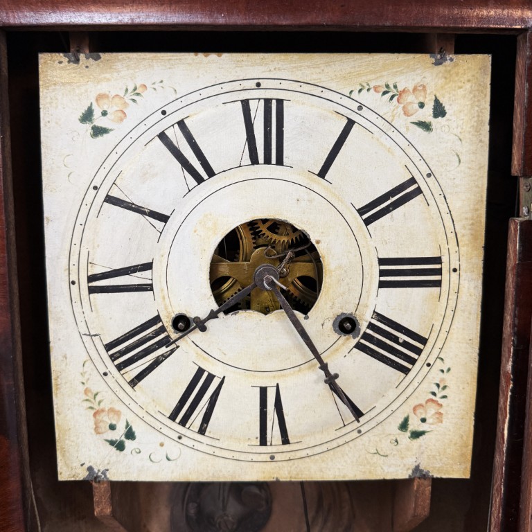 Early 1900s Smith & Goodrich Functional Mantel Clock with Painted Florals Early 1900s Smith & Goodrich Functional Mantel Clock with Painted Florals