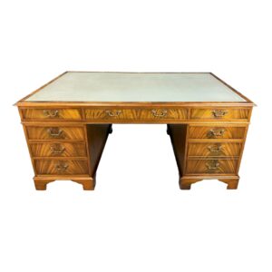 Early 20th Century Flamed Mahogany Blue Leather Top Executive Desk