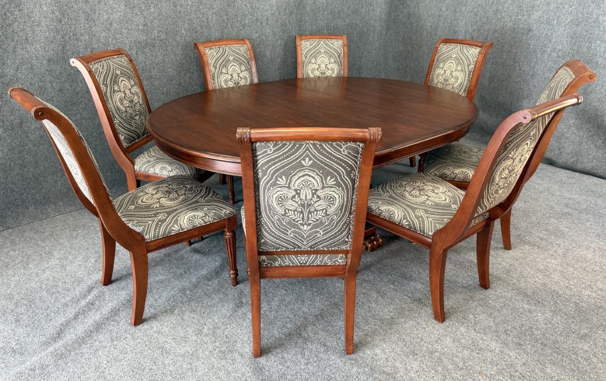 Ethan Allen 9 Piece Cherry Dining Set with Pedestal Table and Upholstered Chairs Ethan Allen 9 Piece Cherry Dining Set with Pedestal Table and Upholstered Chairs