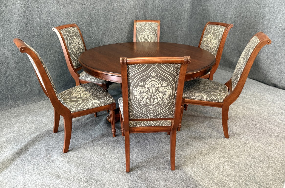 Ethan Allen 9 Piece Cherry Dining Set with Pedestal Table and Upholstered Chairs Ethan Allen 9 Piece Cherry Dining Set with Pedestal Table and Upholstered Chairs