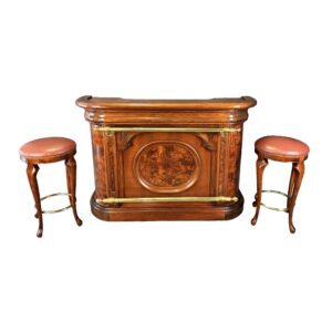 Flamed Mahogany Bar with Pair of Stools