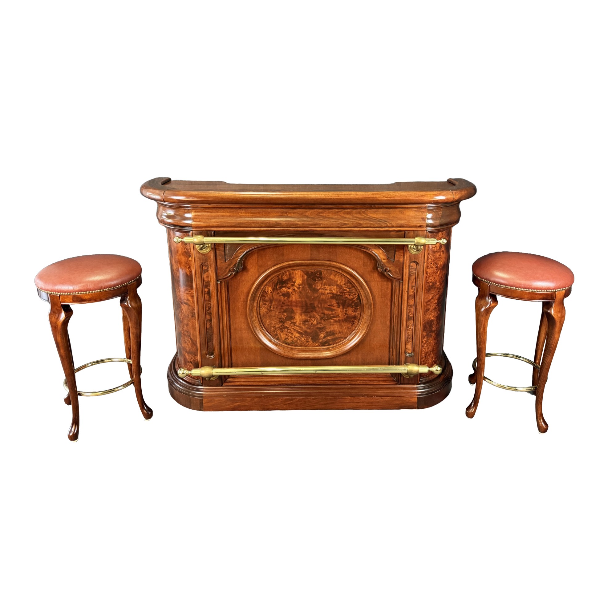 Flamed Mahogany Bar with Pair of Stools Flamed Mahogany Bar with Pair of Stools