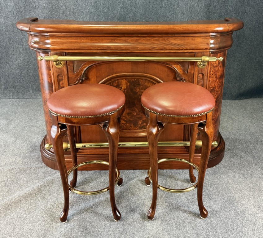Flamed Mahogany Bar with Pair of Stools Flamed Mahogany Bar with Pair of Stools