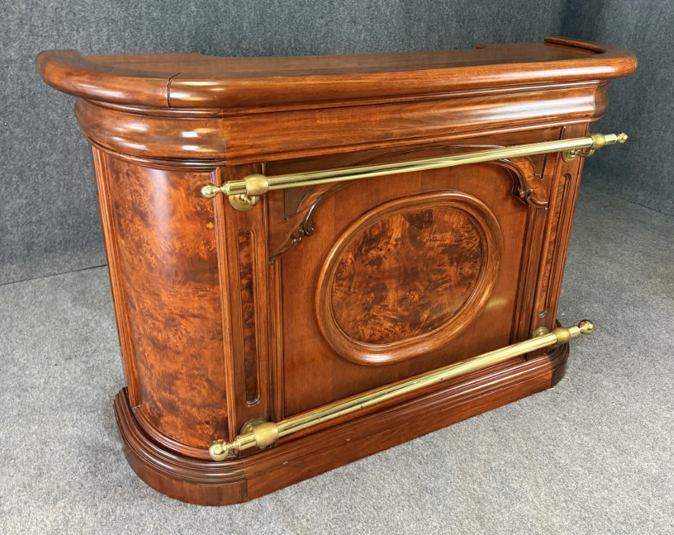 Flamed Mahogany Bar with Pair of Stools Flamed Mahogany Bar with Pair of Stools