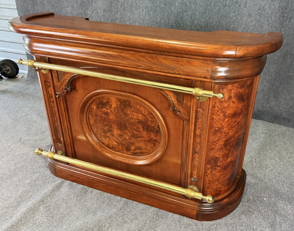 Flamed Mahogany Bar with Pair of Stools Flamed Mahogany Bar with Pair of Stools