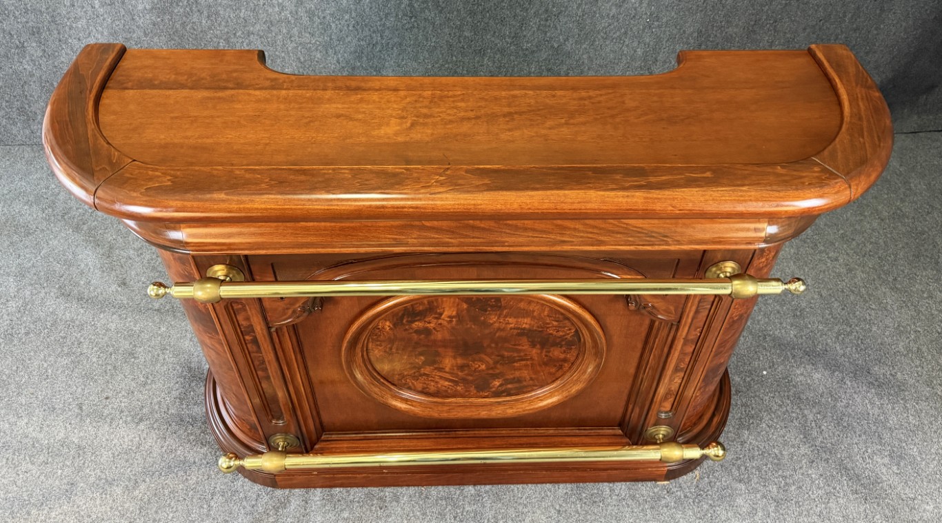 Flamed Mahogany Bar with Pair of Stools Flamed Mahogany Bar with Pair of Stools