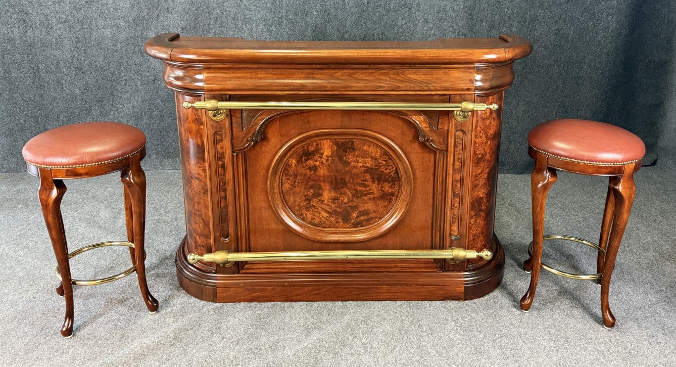 Flamed Mahogany Bar with Pair of Stools Flamed Mahogany Bar with Pair of Stools