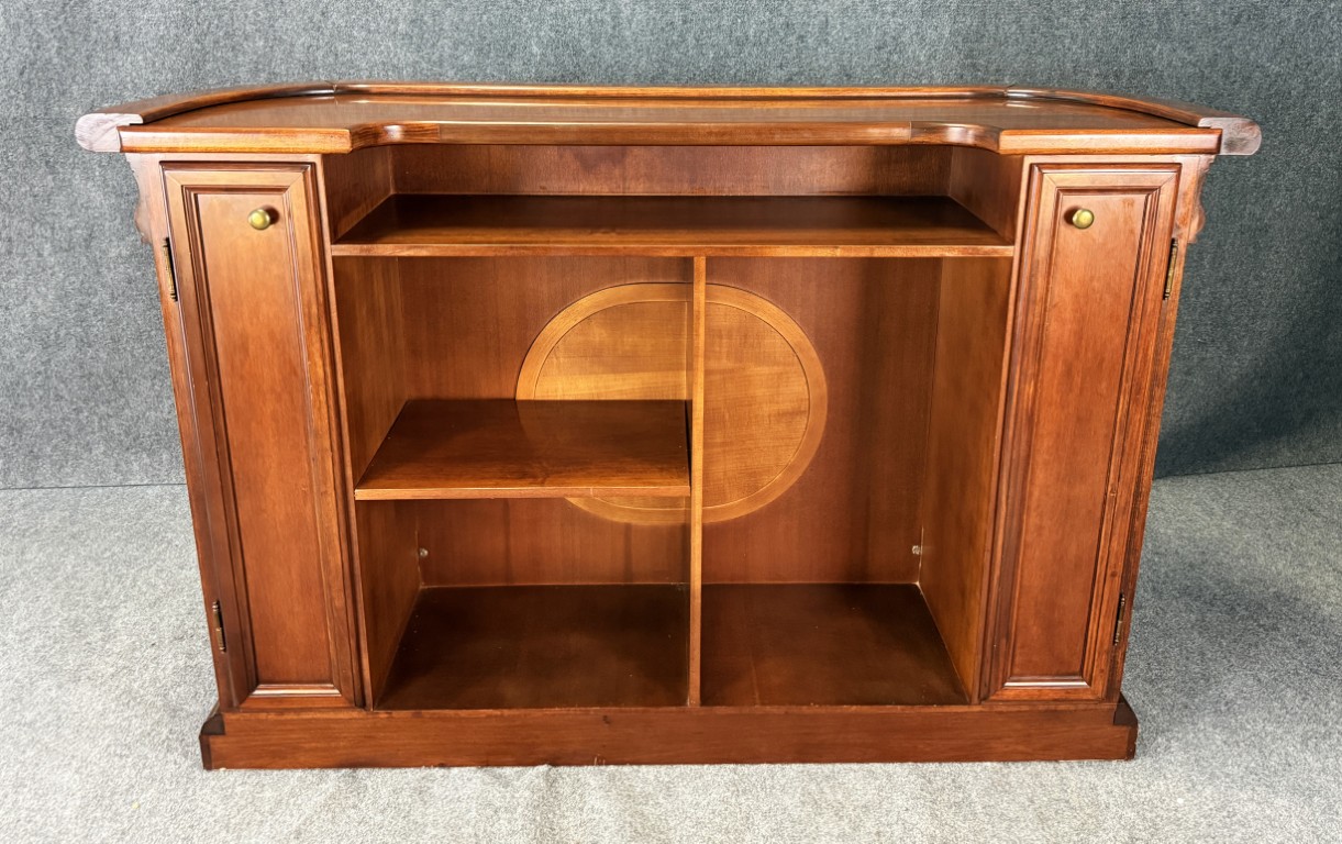 Flamed Mahogany Bar with Pair of Stools Flamed Mahogany Bar with Pair of Stools