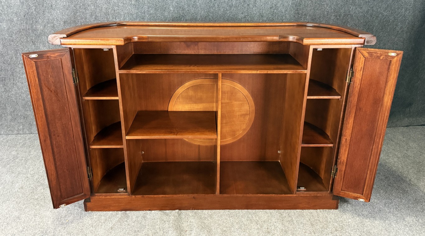Flamed Mahogany Bar with Pair of Stools Flamed Mahogany Bar with Pair of Stools