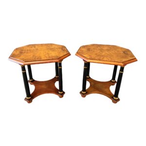 Pair of Baker Neoclassical Burl Walnut Octagonal Side Tables