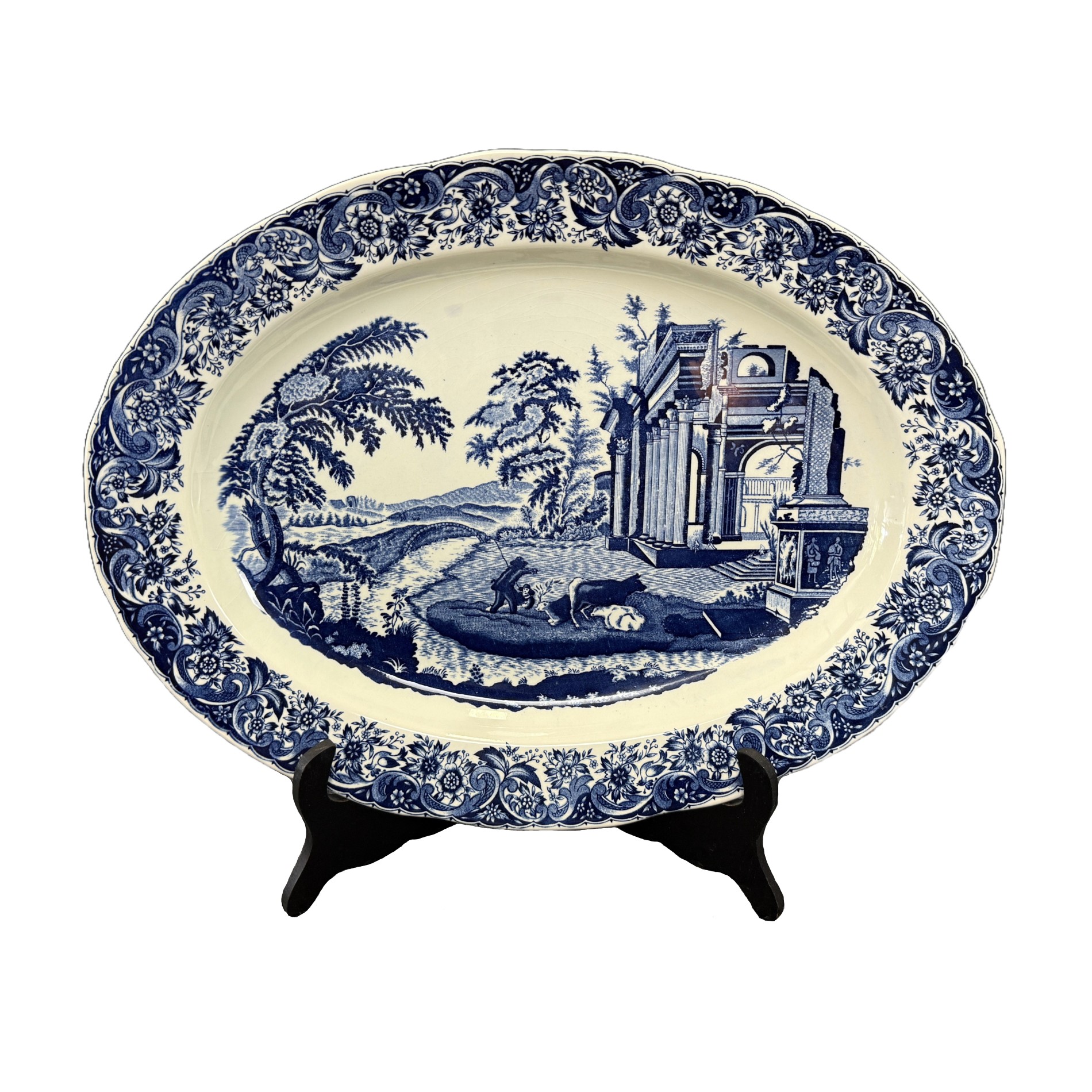 Blue & White Transferware Platter with Temple Scene on Stand Blue & White Transferware Platter with Temple Scene on Stand