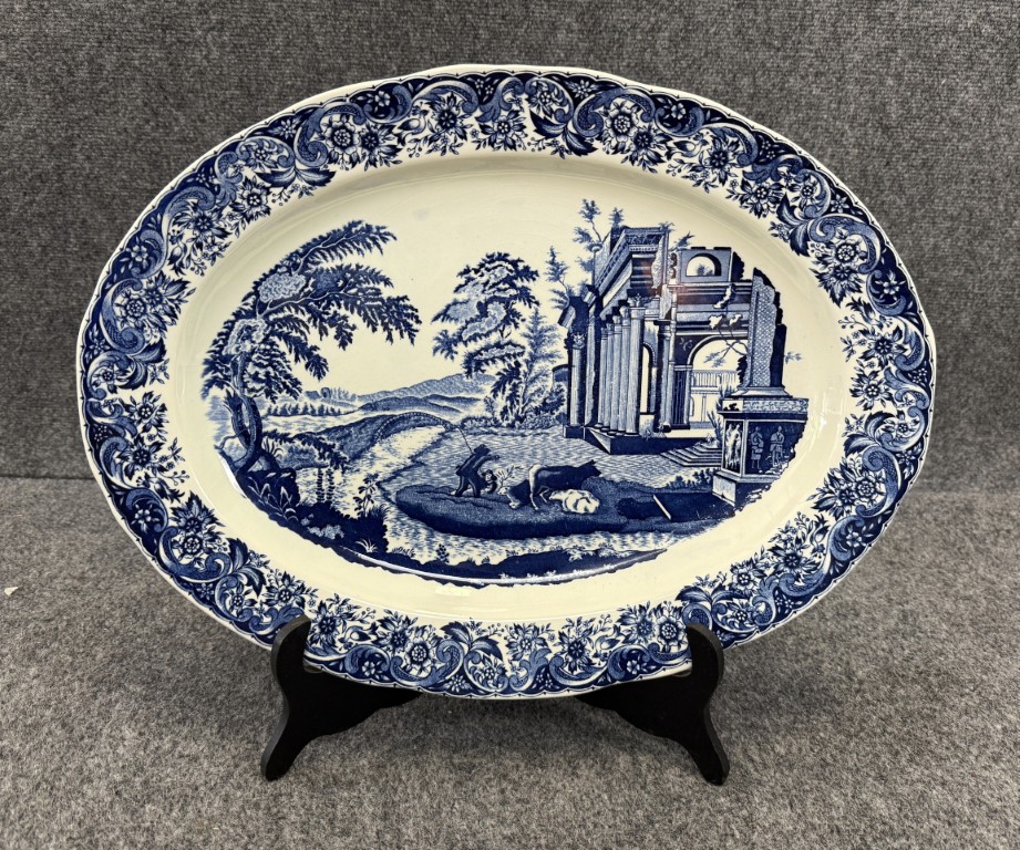 Blue & White Transferware Platter with Temple Scene on Stand Blue & White Transferware Platter with Temple Scene on Stand