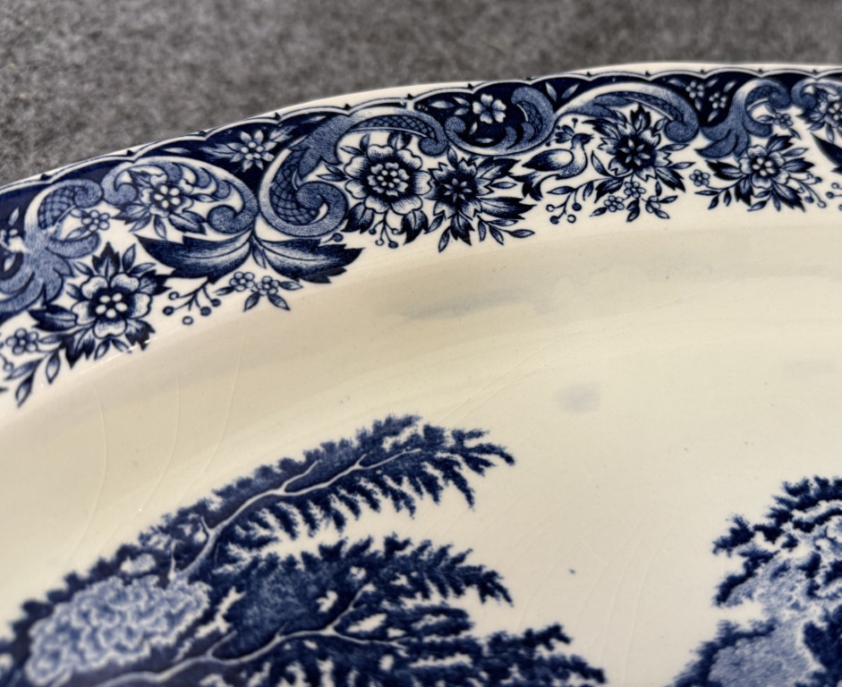 Blue & White Transferware Platter with Temple Scene on Stand Blue & White Transferware Platter with Temple Scene on Stand
