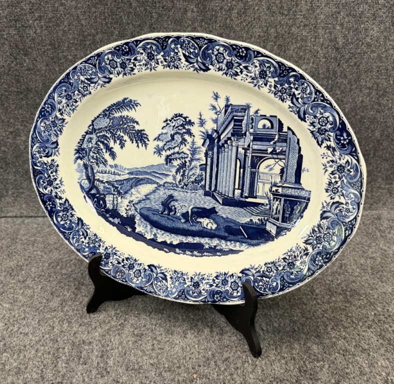 Blue & White Transferware Platter with Temple Scene on Stand Blue & White Transferware Platter with Temple Scene on Stand