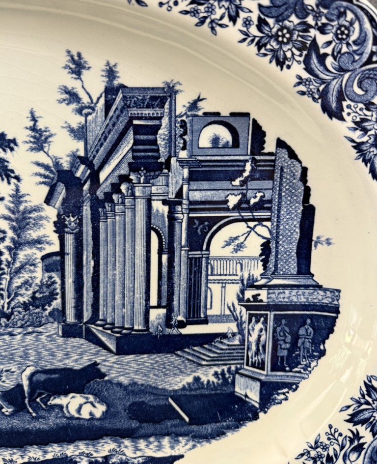 Blue & White Transferware Platter with Temple Scene on Stand Blue & White Transferware Platter with Temple Scene on Stand
