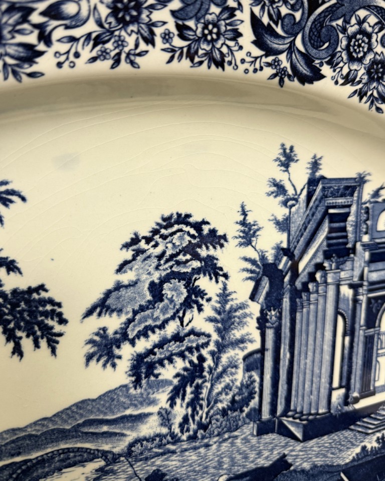 Blue & White Transferware Platter with Temple Scene on Stand Blue & White Transferware Platter with Temple Scene on Stand