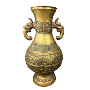 Large Brass Chinese Vase with Carved Dragon Handles