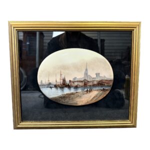 Original Pastel on Enamel Medieval Harbor Scene