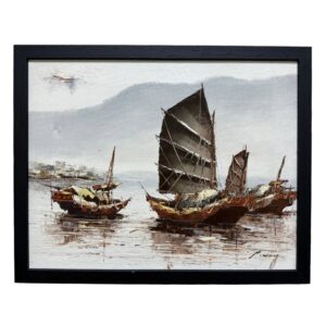 Original Textured Oil on Canvas of Ships by P. Wong