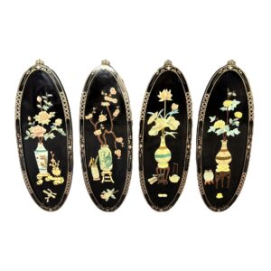 Set of 4 Asian Lacquered Wall Panels with Mother-of-Pearl Floral Designs